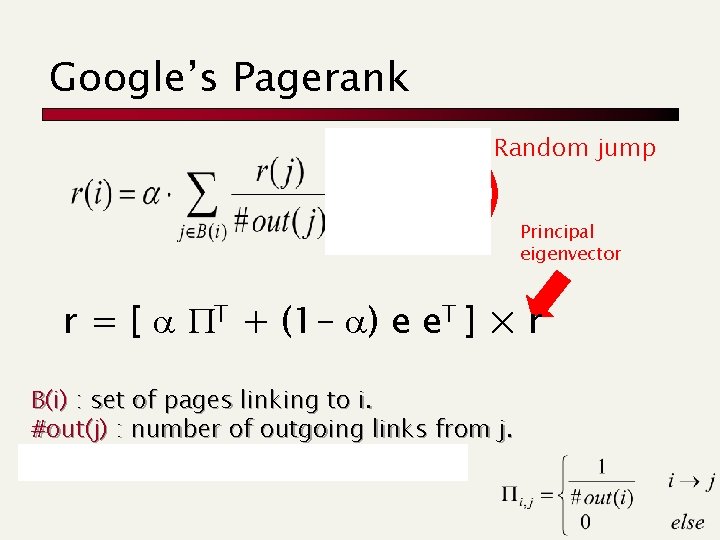 Google’s Pagerank Random jump Principal eigenvector r = [ a PT + (1 -