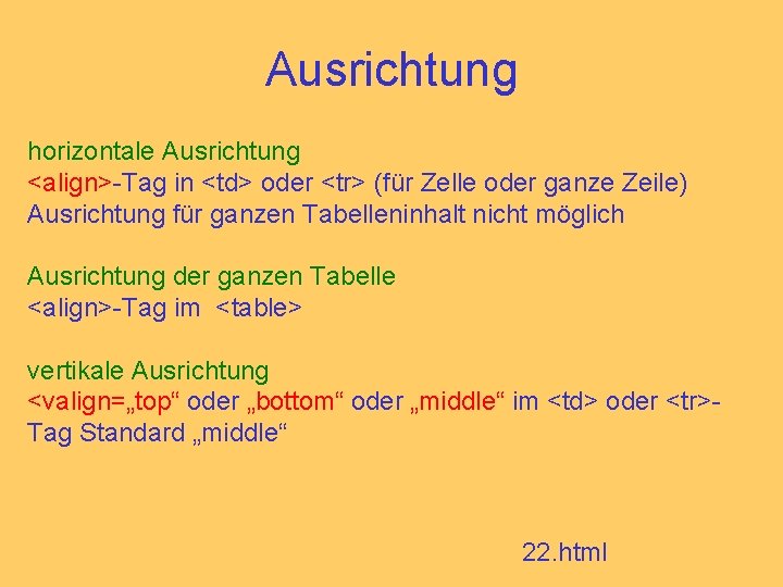 Ausrichtung horizontale Ausrichtung <align>-Tag in <td> oder <tr> (für Zelle oder ganze Zeile) Ausrichtung