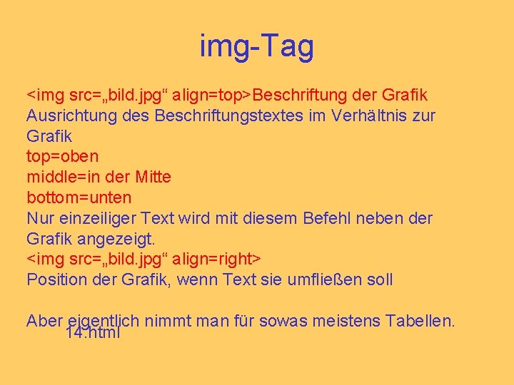 img-Tag <img src=„bild. jpg“ align=top>Beschriftung der Grafik Ausrichtung des Beschriftungstextes im Verhältnis zur Grafik