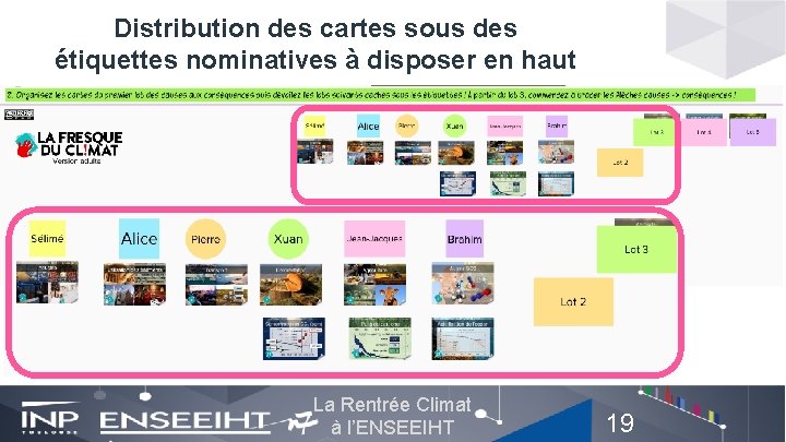 Distribution des cartes sous des étiquettes nominatives à disposer en haut La Rentrée Climat