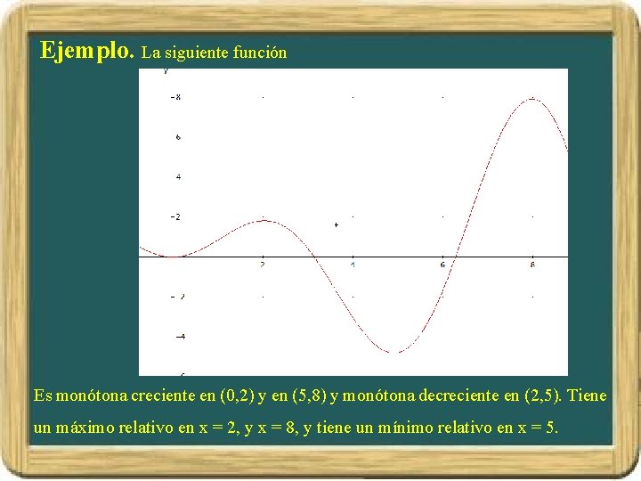 Ejemplo. La siguiente función Es monótona creciente en (0, 2) y en (5, 8) Ejemplo. La siguiente función Es monótona creciente en (0, 2) y en (5, 8)