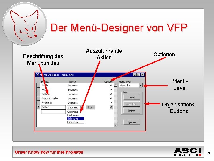 Der Menü-Designer von VFP Beschriftung des Menüpunktes Auszuführende Aktion Optionen MenüLevel Organisations. Buttons Unser
