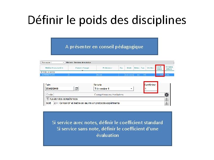 Définir le poids des disciplines A présenter en conseil pédagogique Si service avec notes,