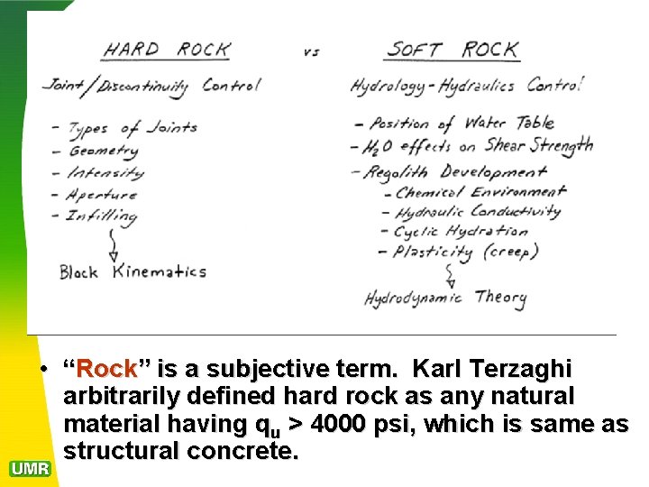  • “Rock” is a subjective term. Karl Terzaghi arbitrarily defined hard rock as
