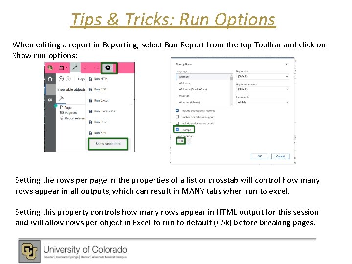 Tips & Tricks: Run Options When editing a report in Reporting, select Run Report