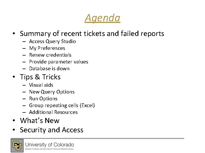 Agenda • Summary of recent tickets and failed reports – – – Access Query