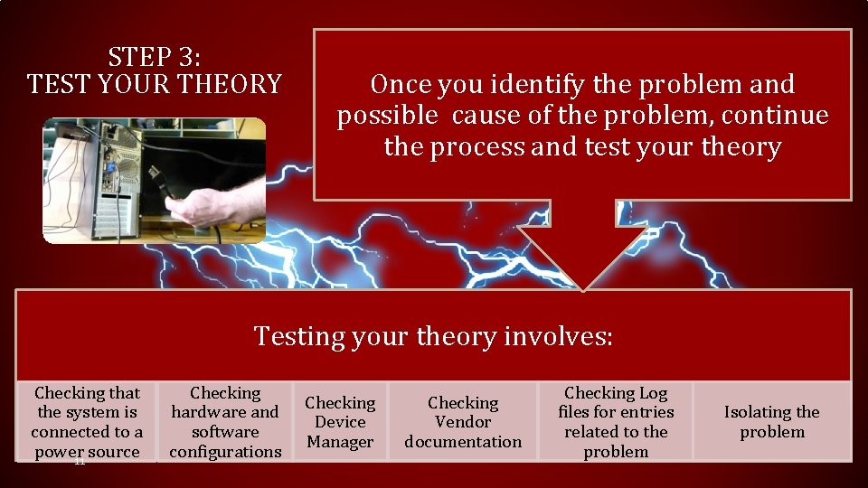 STEP 3: TEST YOUR THEORY Once you identify the problem and possible cause of