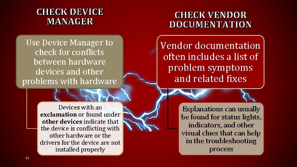 CHECK DEVICE MANAGER CHECK VENDOR DOCUMENTATION Use Device Manager to check for conflicts between