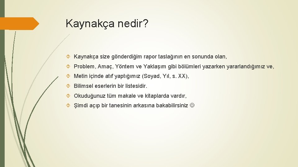 Kaynakça nedir? Kaynakça size gönderdiğim rapor taslağının en sonunda olan, Problem, Amaç, Yöntem ve