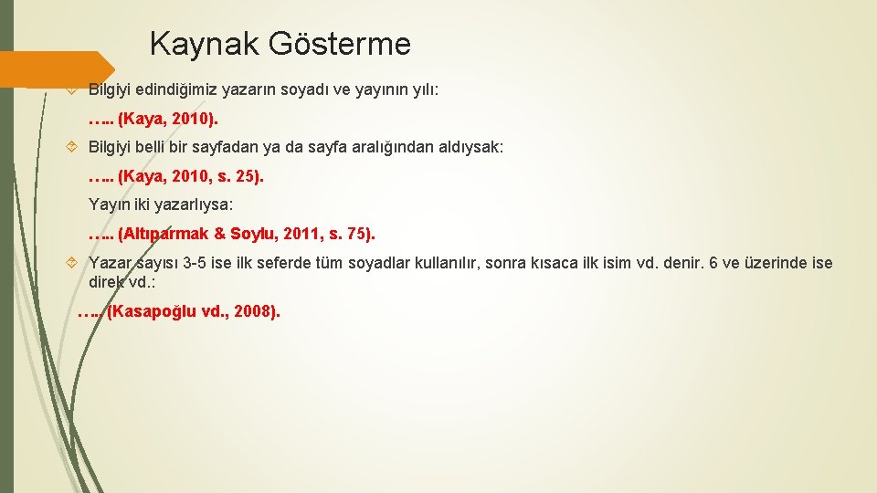 Kaynak Gösterme Bilgiyi edindiğimiz yazarın soyadı ve yayının yılı: …. . (Kaya, 2010). Bilgiyi