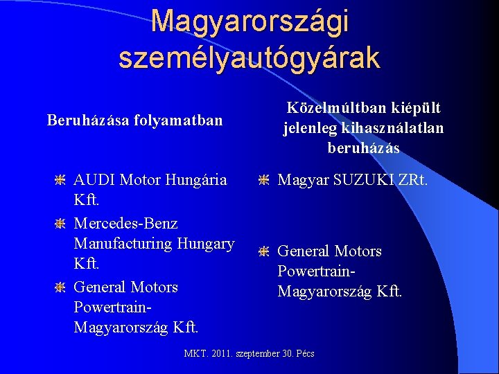 Magyarországi személyautógyárak Beruházása folyamatban AUDI Motor Hungária Kft. Mercedes-Benz Manufacturing Hungary Kft. General Motors