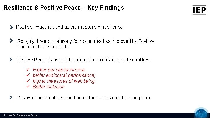 Resilience & Positive Peace – Key Findings Positive Peace is used as the measure