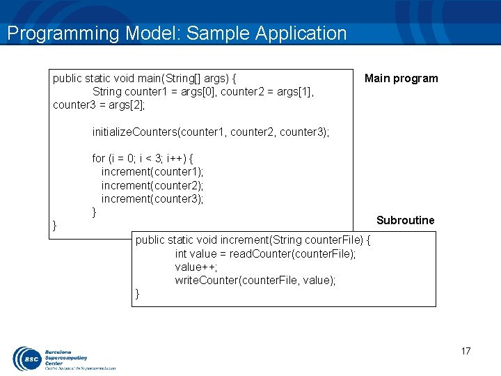 Programming Model: Sample Application public static void main(String[] args) { String counter 1 =