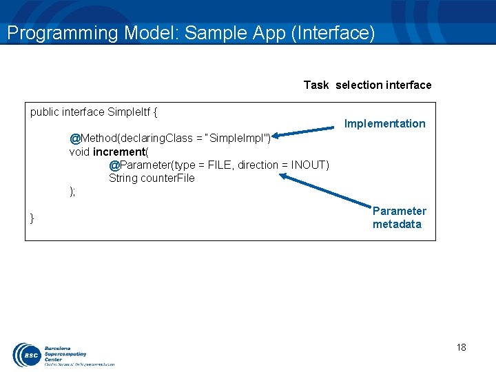 Programming Model: Sample App (Interface) Task selection interface public interface Simple. Itf { Implementation