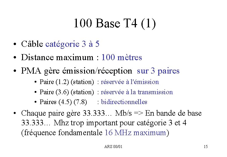 100 Base T 4 (1) • Câble catégorie 3 à 5 • Distance maximum