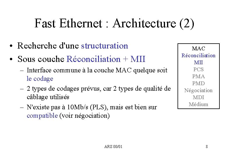Fast Ethernet : Architecture (2) • Recherche d'une structuration • Sous couche Réconciliation +