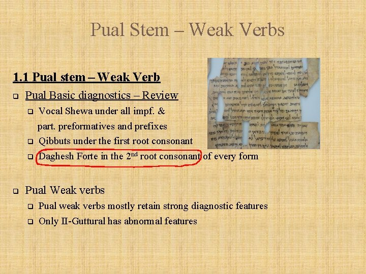 Pual Stem – Weak Verbs 1. 1 Pual stem – Weak Verb q Pual