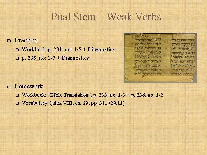 Pual Stem – Weak Verbs q Practice q q q Workbook p. 231, no: