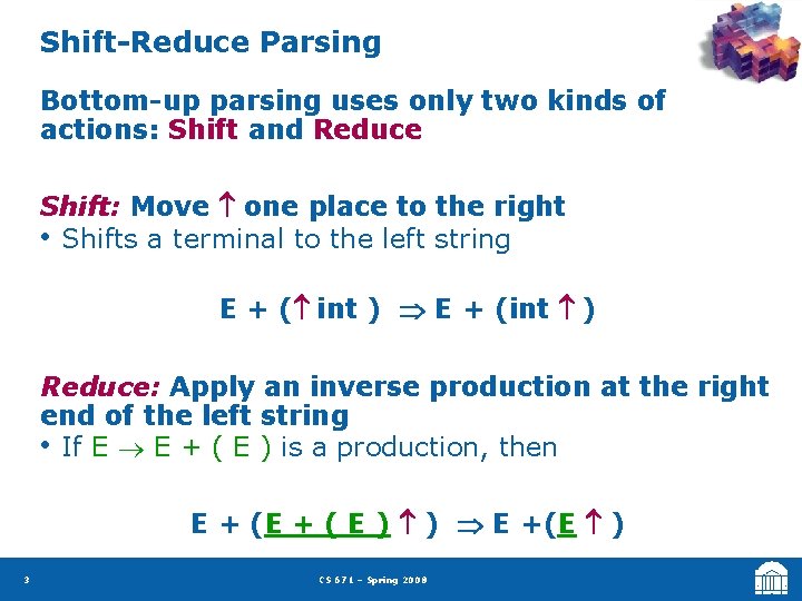 Shift-Reduce Parsing Bottom-up parsing uses only two kinds of actions: Shift and Reduce Shift: