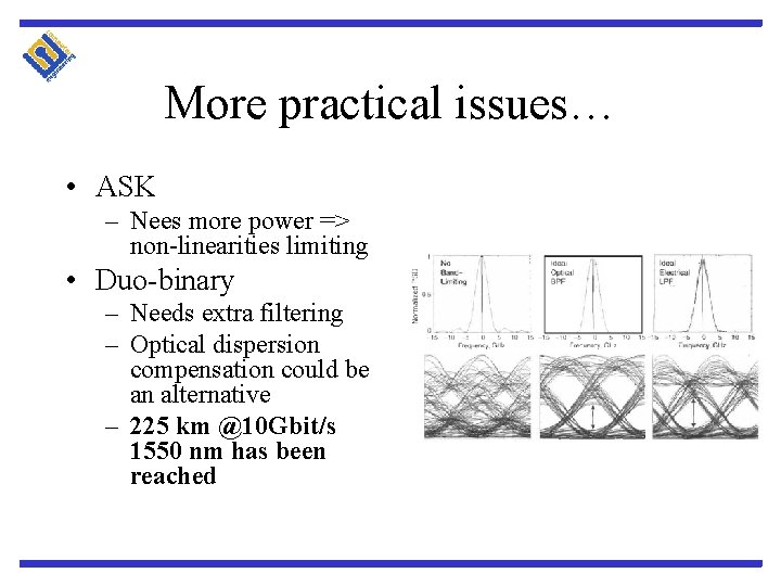 More practical issues… • ASK – Nees more power => non-linearities limiting • Duo-binary