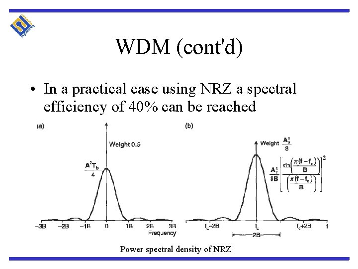 WDM (cont'd) • In a practical case using NRZ a spectral efficiency of 40%