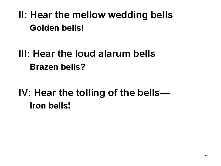 II: Hear the mellow wedding bells Golden bells! III: Hear the loud alarum bells