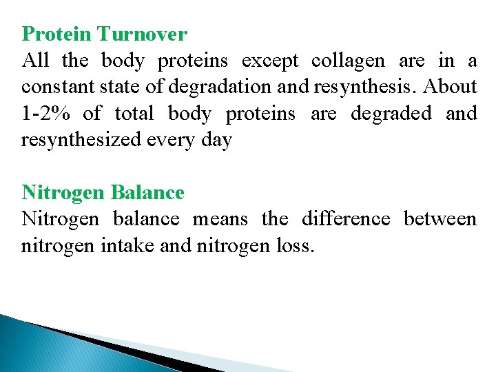 Protein Turnover All the body proteins except collagen are in a constant state of