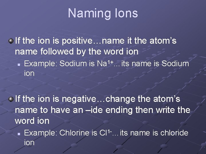 Naming Ions If the ion is positive…name it the atom’s name followed by the
