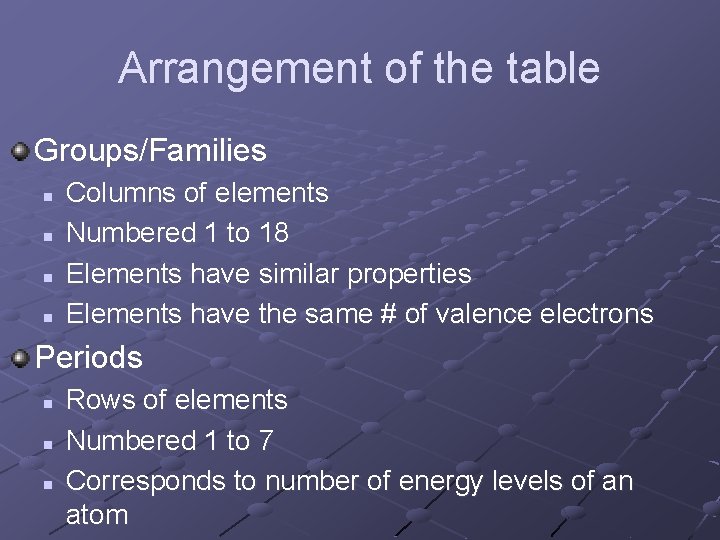 Arrangement of the table Groups/Families n n Columns of elements Numbered 1 to 18