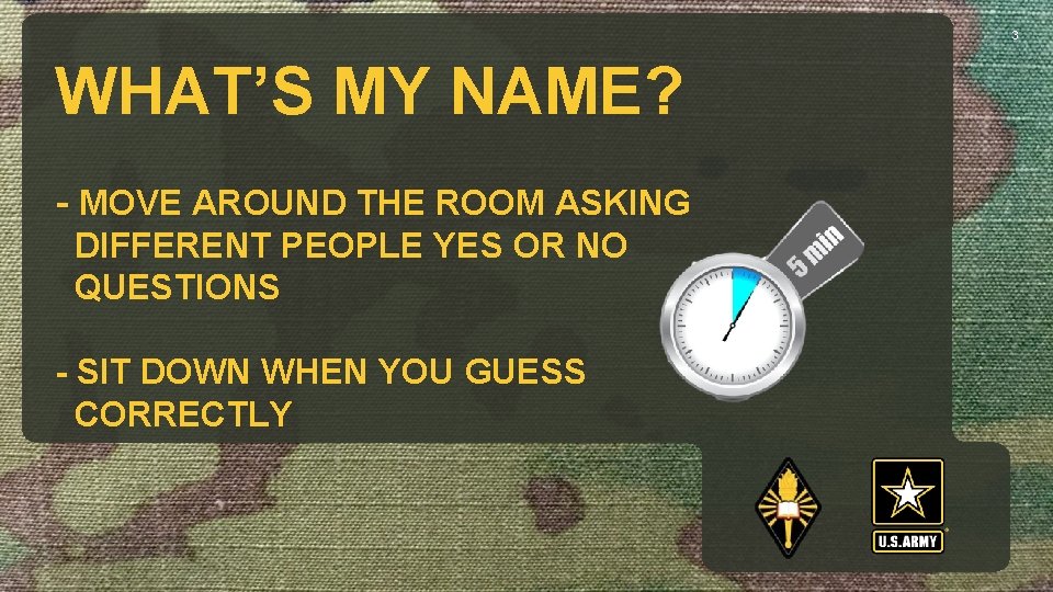 3 WHAT’S MY NAME? - MOVE AROUND THE ROOM ASKING DIFFERENT PEOPLE YES OR