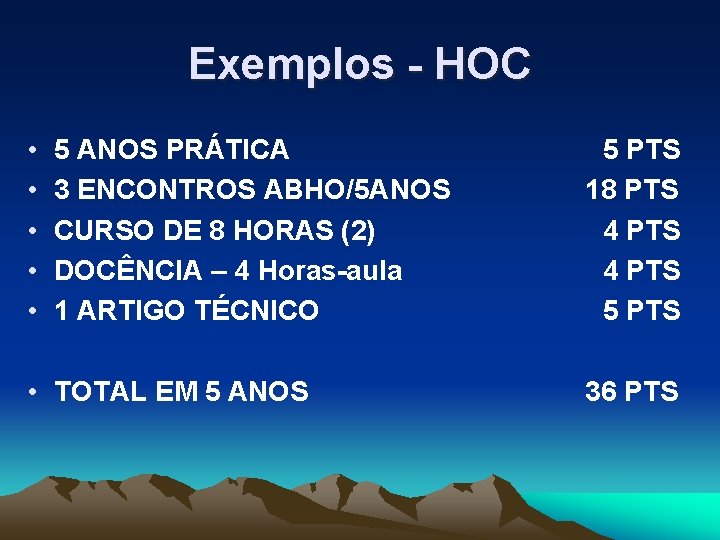 Exemplos - HOC • • • 5 ANOS PRÁTICA 3 ENCONTROS ABHO/5 ANOS CURSO