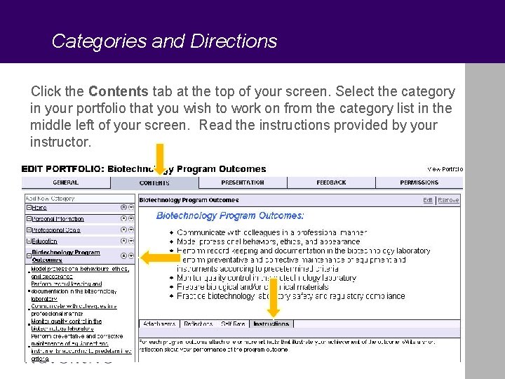 Categories and Directions Click the Contents tab at the top of your screen. Select