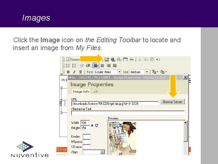 Images Click the Image icon on the Editing Toolbar to locate and insert an