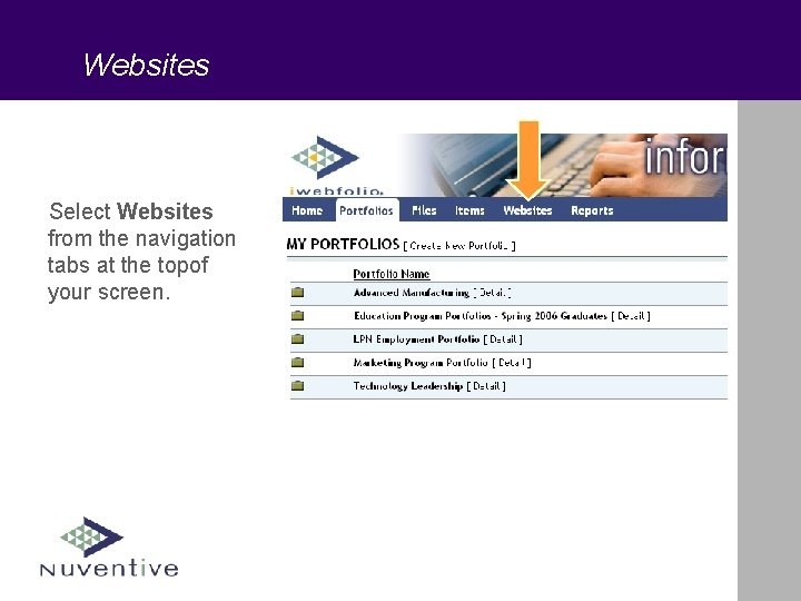 Websites Select Websites from the navigation tabs at the topof your screen. 