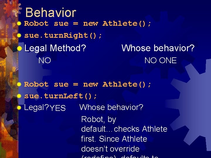 Behavior ® Robot sue = new Athlete(); ® sue. turn. Right(); ® Legal Method?