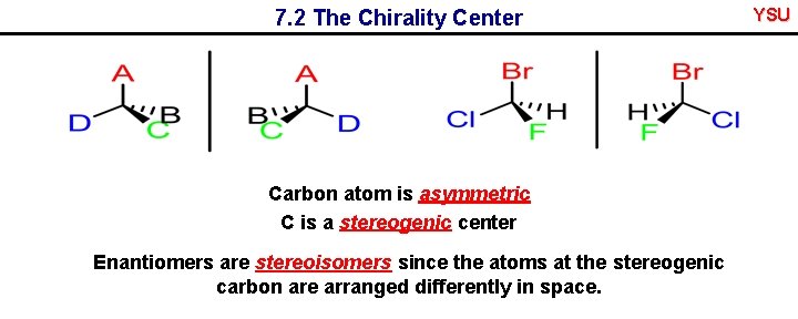 7. 2 The Chirality Center Carbon atom is asymmetric C is a stereogenic center