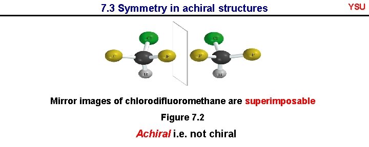 7. 3 Symmetry in achiral structures Mirror images of chlorodifluoromethane are superimposable Figure 7.