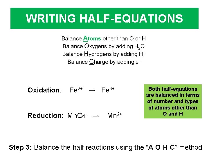 WRITING HALF-EQUATIONS Oxidation: Fe 2+ → Fe 3+ Reduction: Mn. O 4 - →
