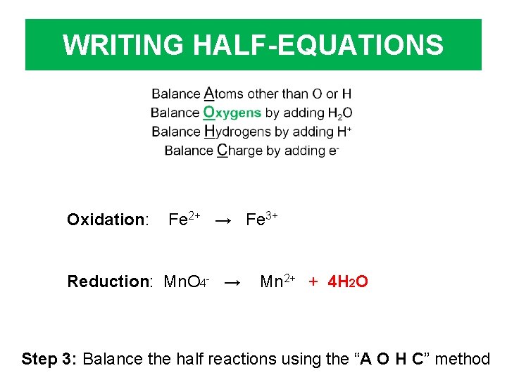WRITING HALF-EQUATIONS Oxidation: Fe 2+ → Fe 3+ Reduction: Mn. O 4 - →