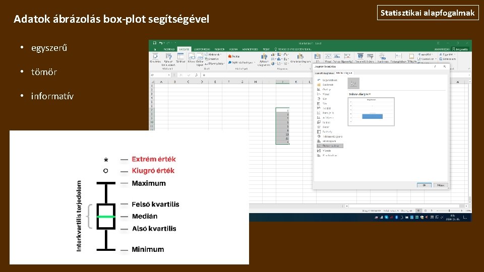 Adatok ábrázolás box-plot segítségével • egyszerű • tömör • informatív Statisztikai alapfogalmak 