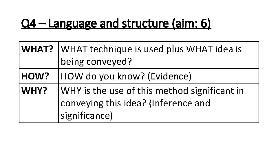 Q 4 – Language and structure (aim: 6) WHAT? WHAT technique is used plus