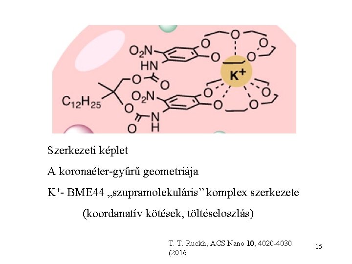 Szerkezeti képlet A koronaéter-gyűrű geometriája K+- BME 44 „szupramolekuláris” komplex szerkezete (koordanatív kötések, töltéseloszlás)