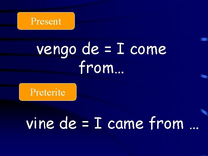 Present vengo de = I come from… Preterite vine de = I came from