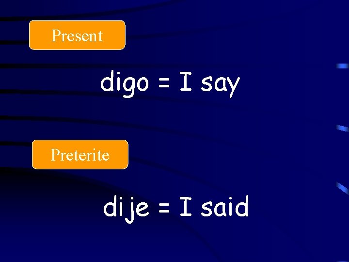 Present digo = I say Preterite dije = I said 