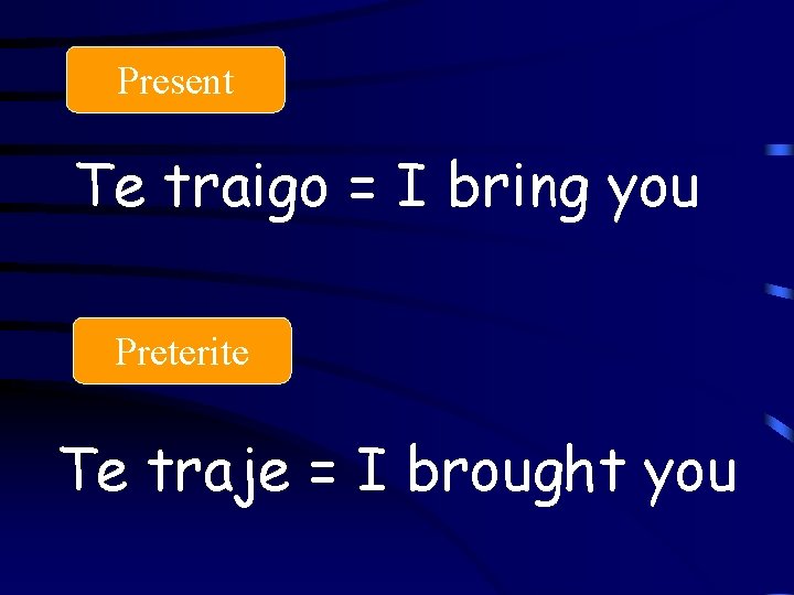 Present Te traigo = I bring you Preterite Te traje = I brought you
