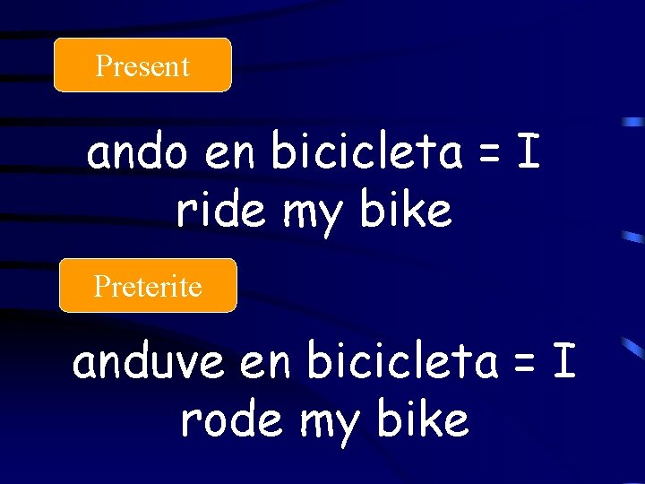 Present ando en bicicleta = I ride my bike Preterite anduve en bicicleta =