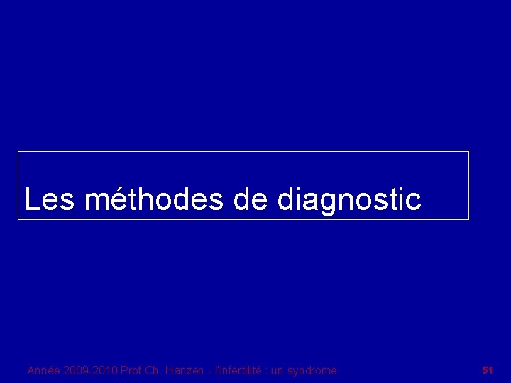 Les méthodes de diagnostic Année 2009 -2010 Prof Ch. Hanzen - l’infertilité : un