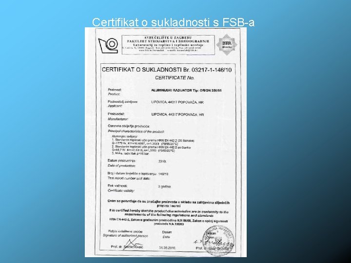 Certifikat o sukladnosti s FSB-a 
