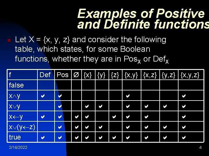 Examples of Positive and Definite functions n Let X = {x, y, z} and