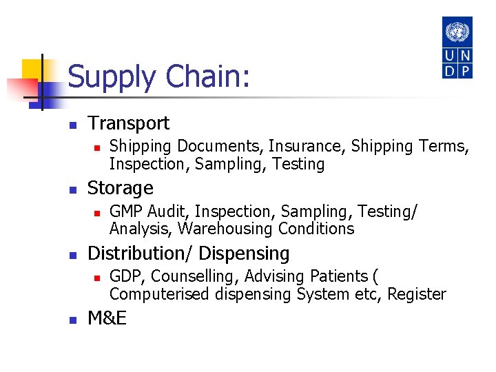 Supply Chain: n Transport n n Storage n n GMP Audit, Inspection, Sampling, Testing/